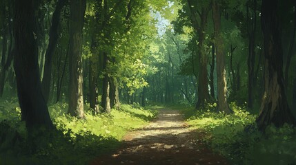 Naklejka premium A Narrow Path Winding Through a Dense Forest with Tall Trees and Lush Green Undergrowth, Featuring Soft Light Filtering Through the Trees and a Hint of Mist or Fog.