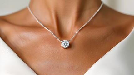 Elegant jewelry on female neck with diamond pendant necklace
