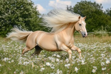 Palomino Horse with Blond Male Riding through Flower Field. Equestrian Emotion and Farm Animal Lifestyle
