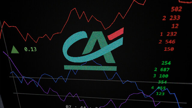 Macro close up  on Credit Agricole logo on a stock market exchange screen.