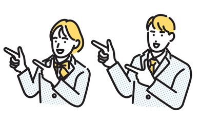 シンプル　イラスト　笑顔で隣を指差す学生の男女のセット