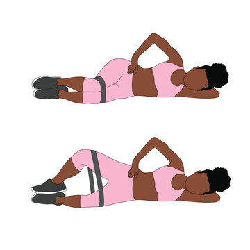 A Black African woman in pink clothing doing clam shells with resistance band exercise. Flat vector illustration isolated on white background	