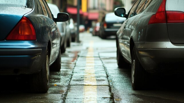 Parallel Park. Two cars bumper to bumper parked inches apart in tight parking space