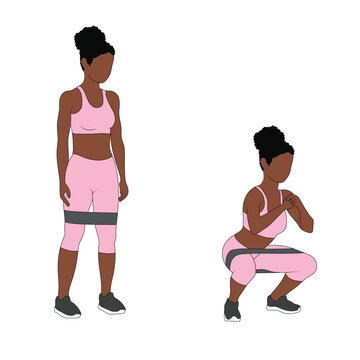 A Black African woman in pink clothing doing squats with resistance band exercise. Flat vector illustration isolated on white background	