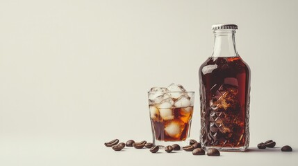 A stylish bottle of cold brew coffee next to a filled glass with ice cubes, on a pure white background. Perfect for beverage branding