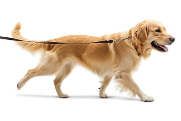 Golden Retriever walking, leash, white background, pet