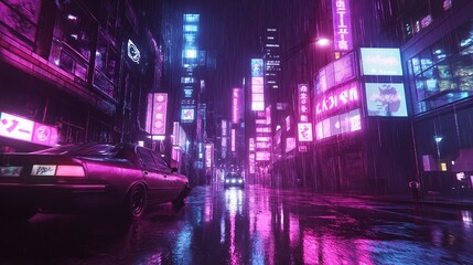 Obraz premium A retro 80s-inspired city with neon lights reflecting on wet streets.