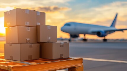 A stack of cardboard boxes sits on a pallet at an airport, with a cargo plane in the background during a vibrant sunset.cargo management warehouse scheduling