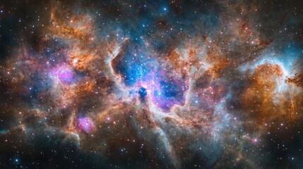 Fototapeta premium Abstract cosmic nebula with swirling colorful gas clouds, neon blue and pink hues blending seamlessly in deep space.