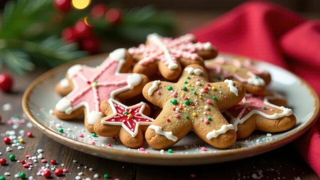 A plate of festive star-shaped and snowflake-shaped cookies decorated with colorful icing and sprinkles rests on a wooden surface beside a red napkin. - Powered by Adobe