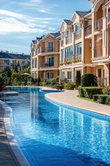 Fototapeta premium Stylish residential complex featuring a serene swimming pool and beautifully landscaped surroundings.