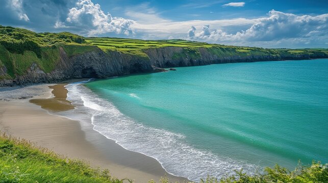 Pembrokeshire Coast. Serene Turquoise Sea at Secluded Cove with Lush Greenery in Early Summer