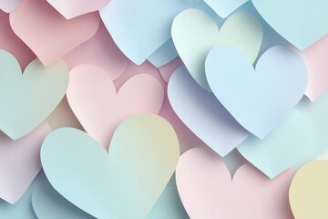 A modern digital wallpaper design featuring overlapping paper heart cutouts in soft pastel colors.