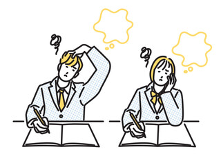 シンプル　イラスト　難問に頭を抱える学生の男女のセット