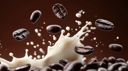 Fototapeta premium Coffee beans falling gracefully into a mix of splashing milk and dark coffee, creating a rich and inviting composition. The brown gradient background enhances the dynamic motion and texture