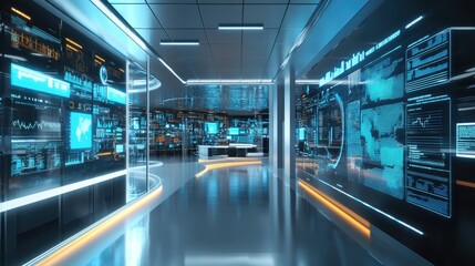 Futuristic Data Center: Blue Digital Displays and Sleek Corridor