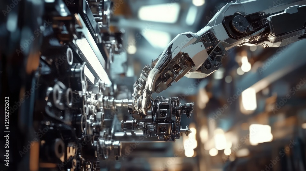 Poster a robot arm in action, assembling mechanical parts in a futuristic factory setting, perfect for indu
