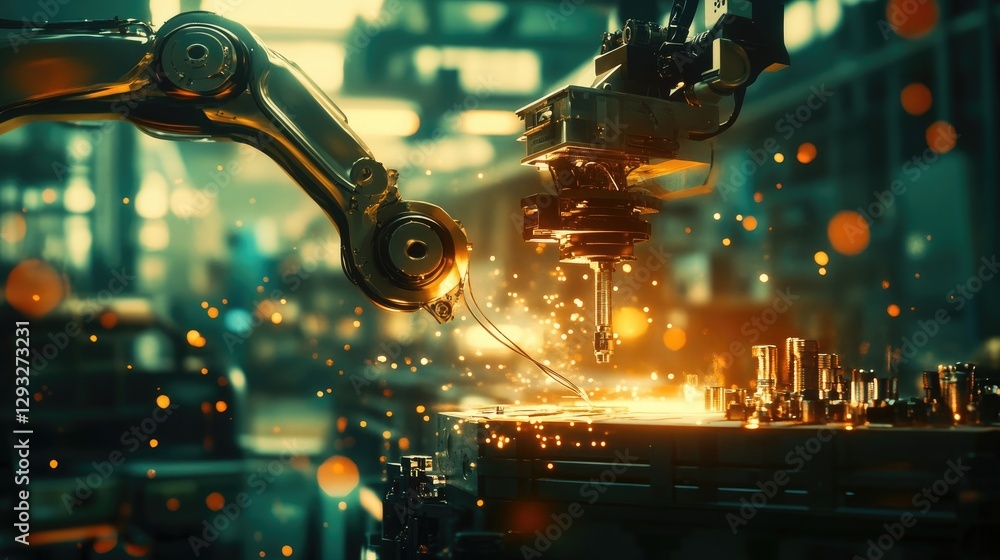 Poster a robot arm in action, assembling mechanical parts in a futuristic factory setting, perfect for indu