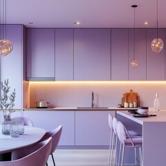 A modern kitchen with soft lilac tones and contemporary style