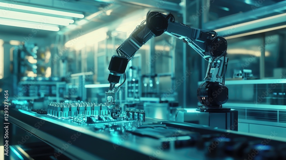 Poster a robotic arm assembling electronic components in a futuristic factory, with a focus on precision an