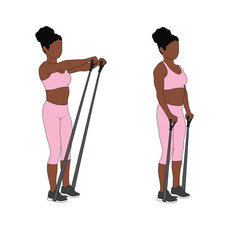 A Black African woman in pink clothing doing shoulder front raises with resistance bands exercise. Flat vector illustration isolated on white background.