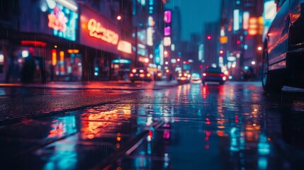 Obraz premium A retro 80s-inspired city with neon lights reflecting on wet streets.