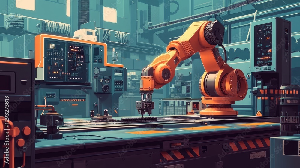 Poster a robotic arm placing components on a production line, surrounded by cutting-edge machinery in a hig