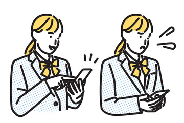 シンプル　イラスト　スマートフォンを持つ女子高生のセット