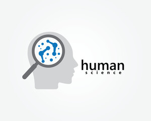 head with magnifying glass and neurons inside logo design template