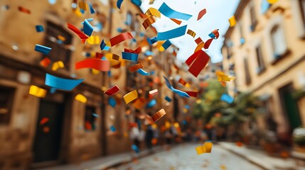Colorful confetti falls on city street