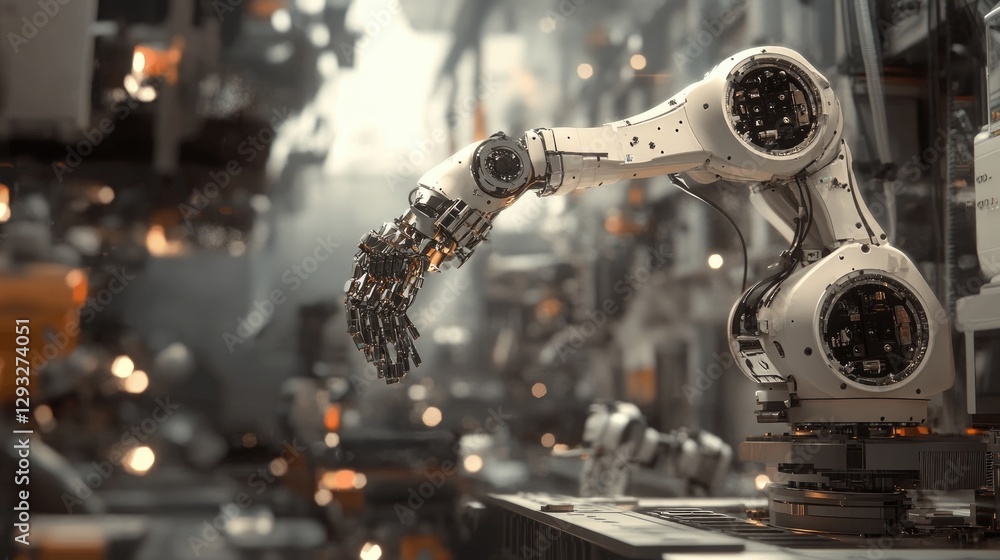 Poster a robotic arm precisely assembling components in a state-of-the-art factory, symbolizing industrial 