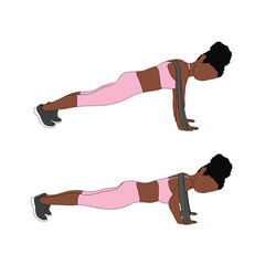 A Black African woman in pink clothing doing push ups with resistance bands exercise. Flat vector illustration isolated on white background.