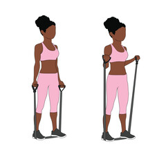 A Black African woman in pink clothing doing cable bicep curls exercise. Flat vector illustration isolated on white background.