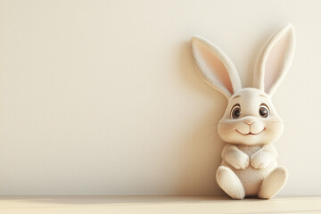 Obraz premium A happy cartoonish bunny toy with long ears standing against a neutral cream background. Playful and whimsical design