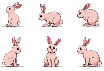 Fototapeta premium Add a pop of color to your creative projects with this flat vector clip art set, showcasing stylized bunnies with thick black outlines, evenly spaced and framed with margins, perfect for adding a play