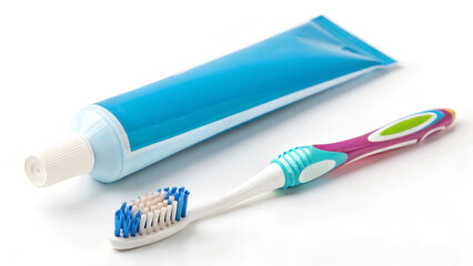 Toothbrush and toothpaste with soft bristles on neutral surface