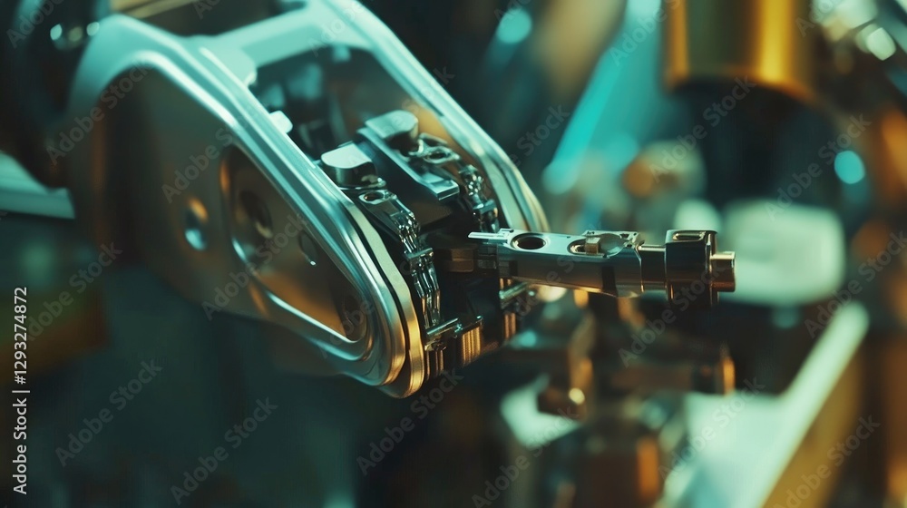 Poster close-up of a robotic arm assembling components in a high-tech factory, highlighting advanced manufa