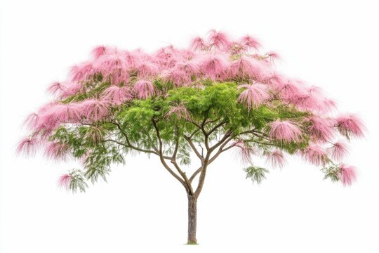 Persian Silk Tree. Pink Albizia julibrissin Tree Isolated on White Background