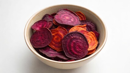 Obraz premium Healthy snack options vegetable chips concept. Colorful sliced beetroot snacks in a light bowl, showcasing vibrant hues and natural textures.
