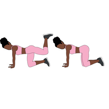 A Black African woman in pink clothing doing bodyweight kickbacks exercise. Flat vector illustration isolated on white background.