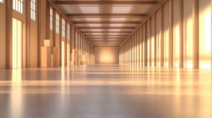 A spacious, well-lit interior with long shadows, featuring tall windows and a polished floor, creating a serene and inviting atmosphere.cargo management warehouse scheduling