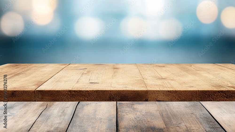 Poster rustic wooden table with blurred background and soft lighting