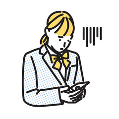 シンプル　イラスト　スマホを見て悩む女子高生