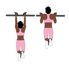 A Black African woman in pink clothing doing chin ups exercise at the gym. Flat vector illustration isolated on white background.