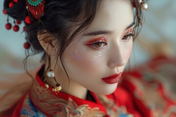Fototapeta premium A portrait of an Asian woman wearing traditional makeup from her culture, reimagined with a modern twist.