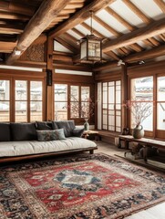 Fototapeta premium A beautifully decorated room featuring a traditional aesthetic with wood