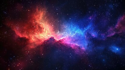 High-resolution deep space nebula, luminous clouds of interstellar gas in fiery red, blue, and purple tones