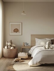 A bedroom scene featuring a bed with teddy bears and toys