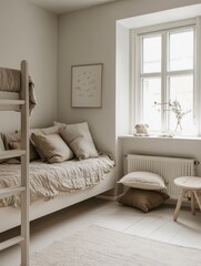 A minimalist bedroom showcasing the neutral interior design