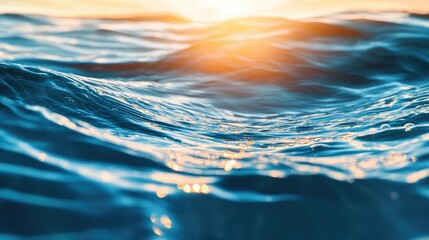 High-resolution ocean water close-up, transparent waves with elegant ripples glowing under the soft afternoon sun